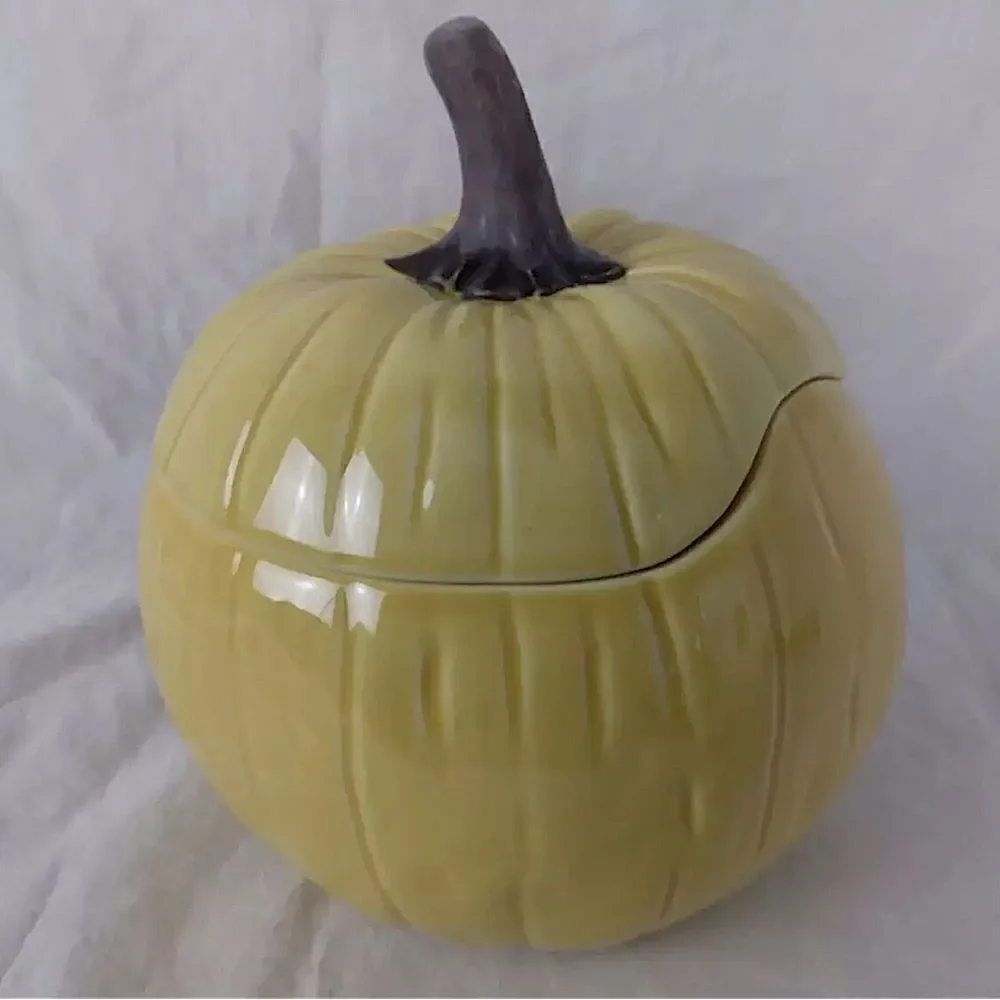 Crate And Barrel B Eigen Harvest Yellow Pumpkin 3 Cup Ceramic Soup Bowl & Lid!